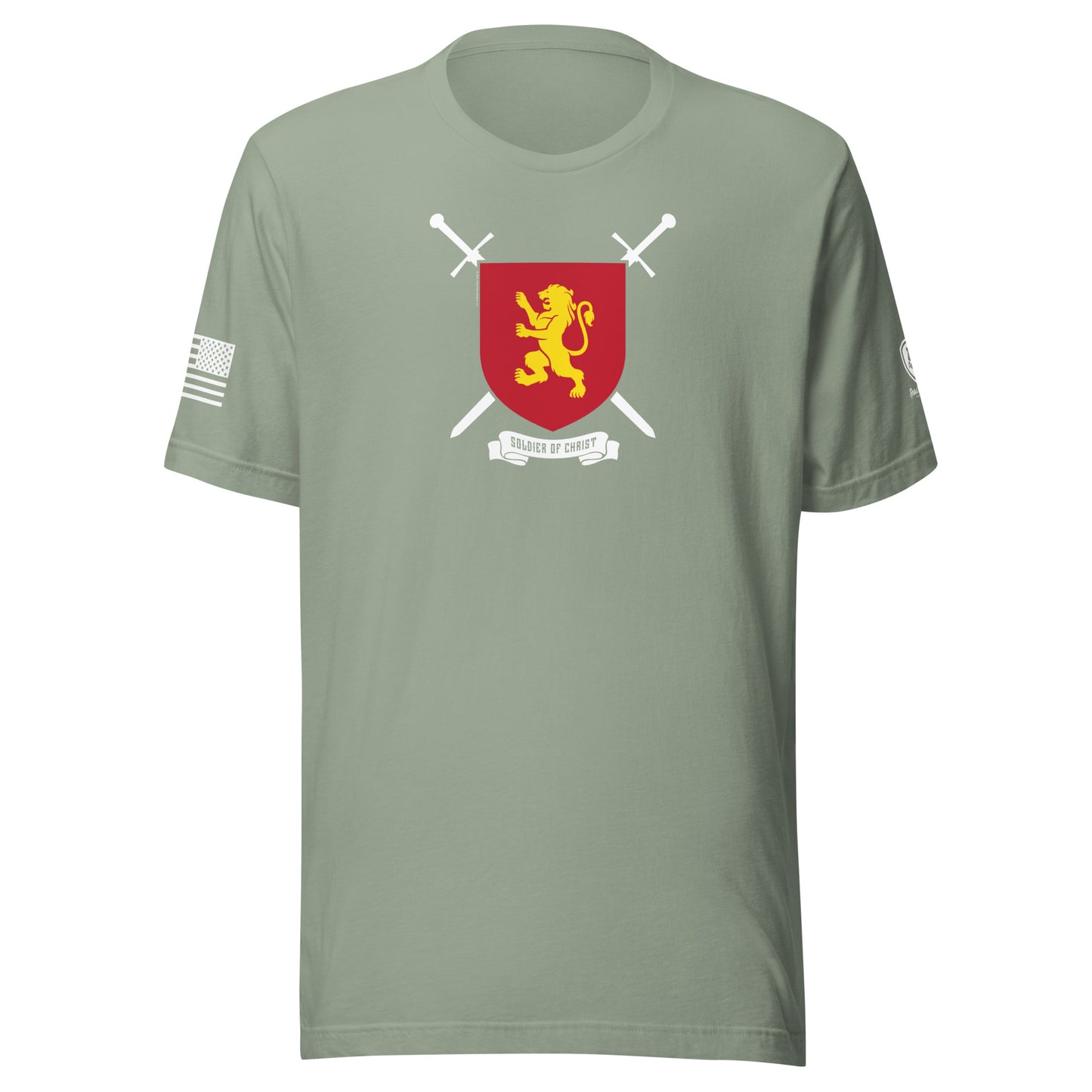 Soldier of Christ T-Shirt | Faith-Based Tee with Richard the Lionheart featuring lion shield and crossed swords.