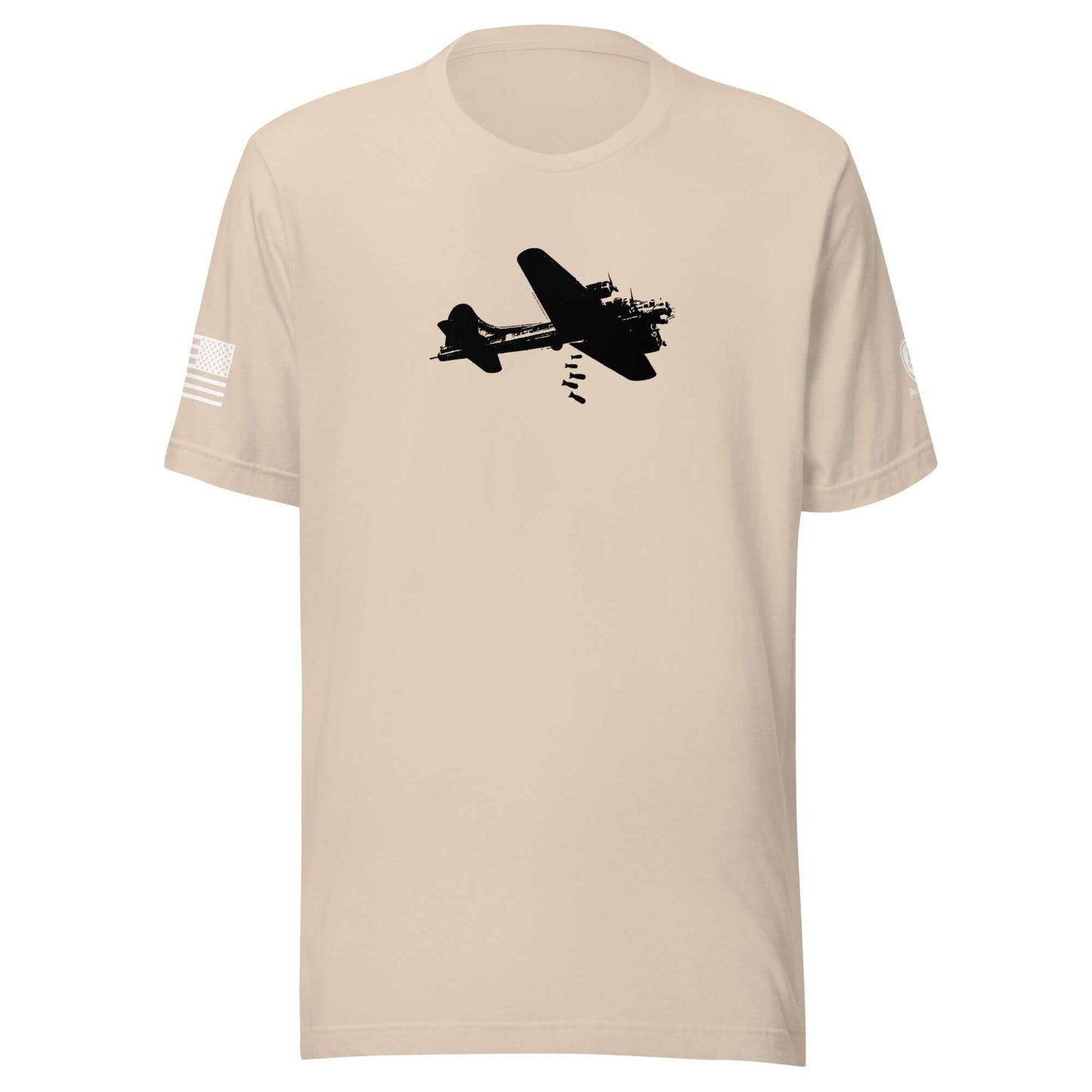 B-17 Bomber graphic on a beige T-shirt honoring WWII airpower and patriotism.