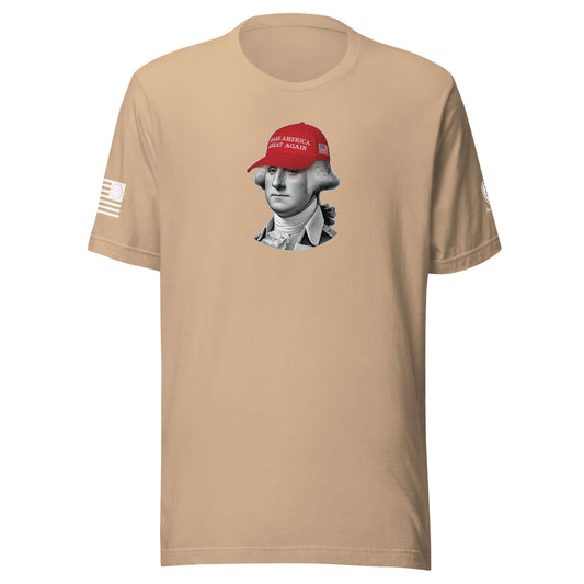 Founding Father MAGA Tee featuring George Washington in a red Trump hat, representing American patriotism and humor.