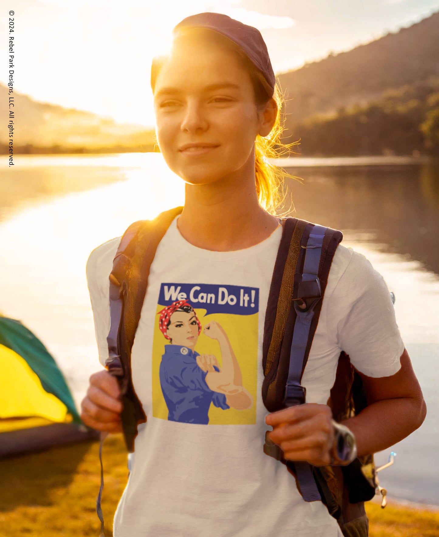 female wearing a ww2 poster t-shirt