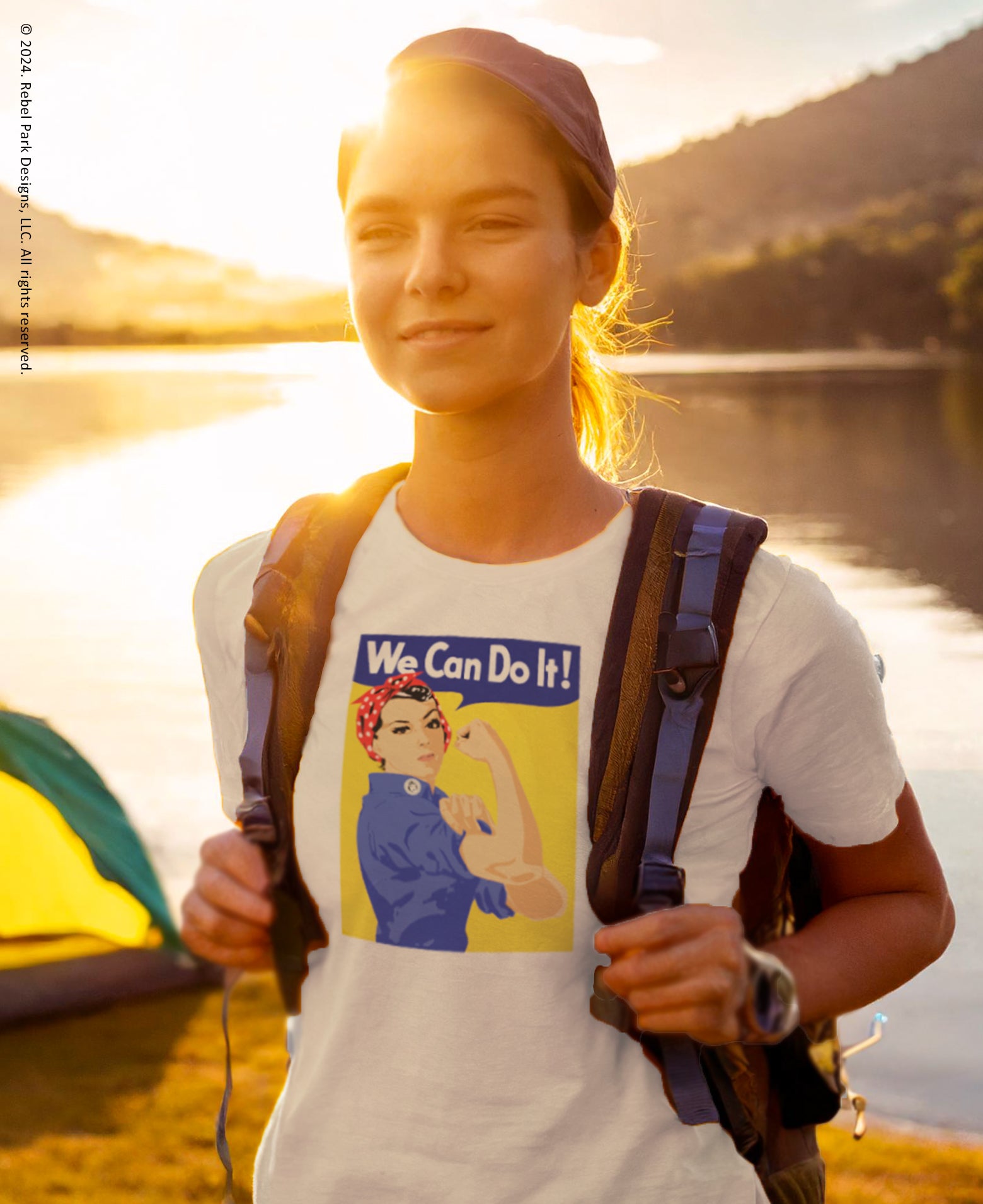 female wearing a ww2 poster t-shirt